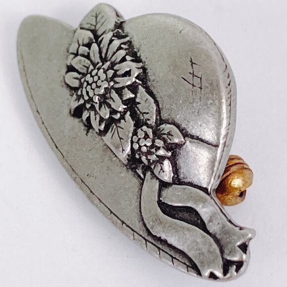 Vintage 2005 Birds & Blooms Pewter Floral Hat Brooch Pin - Picture 4 of 8